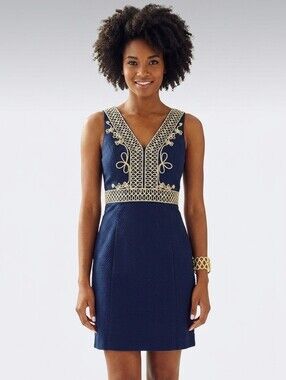 NWT Lilly Pulitzer Aveline Shift in True Navy Gold Cording Dress 4 $228